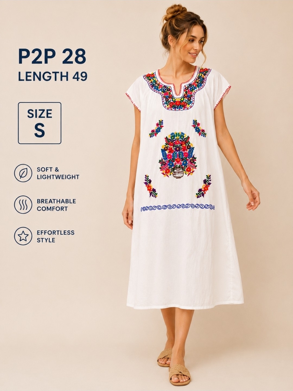 White Embroidered Midi Dress with Multicolor Floral Motif